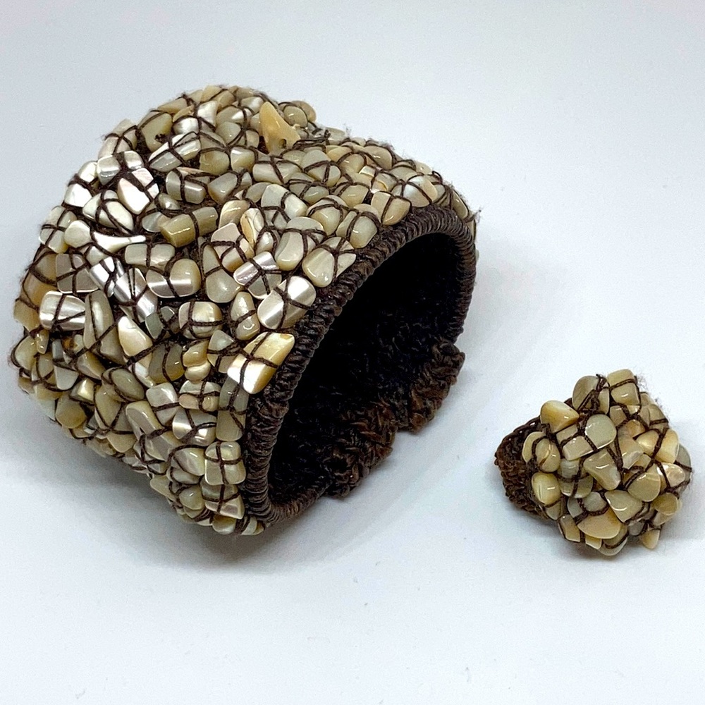 Handwoven shell bracelet and ring, hypoallergenic